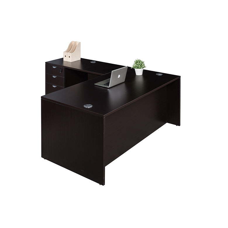Boss 66 Inch Desk, Executive L-Shape Corner Desk with File Storage Pedestal, Mocha