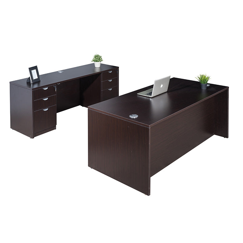 Boss Office Suite, 66 Inch Desk and Credenza with Dual File Storage Pedestals, Mocha