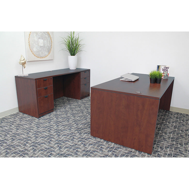 Boss Office Suite, 66 Inch Desk and Credenza with Dual File Storage Pedestals, Mahogany