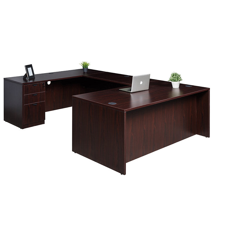 Boss 71 Inch Executive U-Shape Desk with File Storage Pedestal, Mahogany