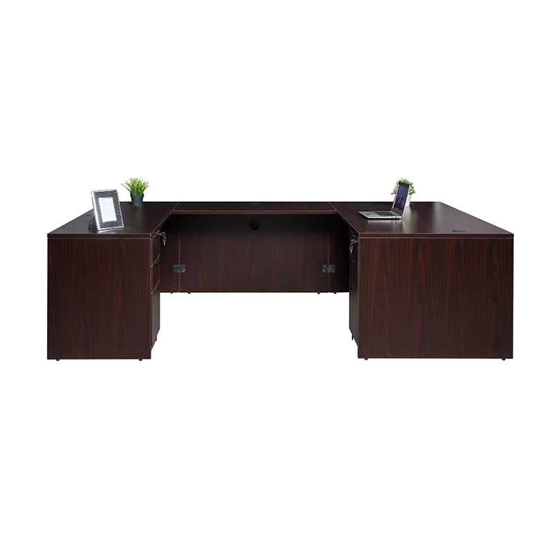 Boss 66 Inch Executive U-Shape Desk with 2 File Storage Pedestals, Mahogany