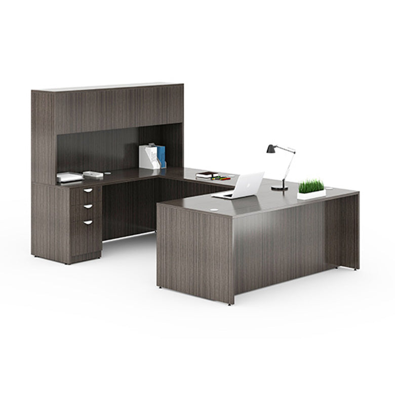 Boss 66 Inch Executive U-Shape Desk with File Storage Pedestal and Hutch, Driftwood