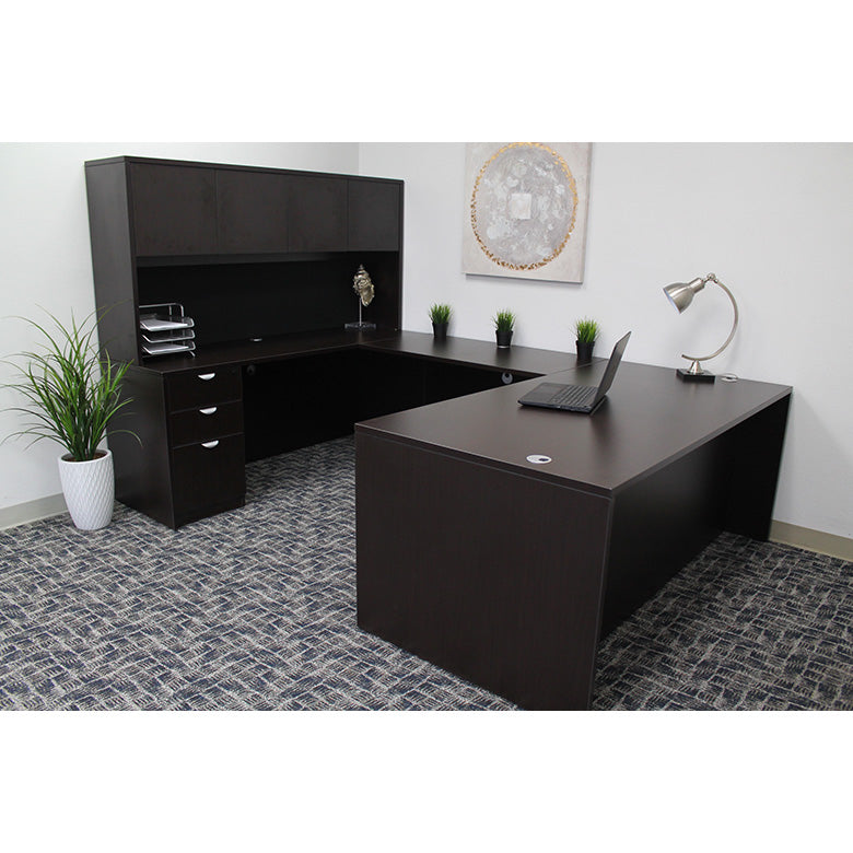 Boss 71 Inch Executive U-Shape Desk with File Storage Pedestal and Hutch, Mocha
