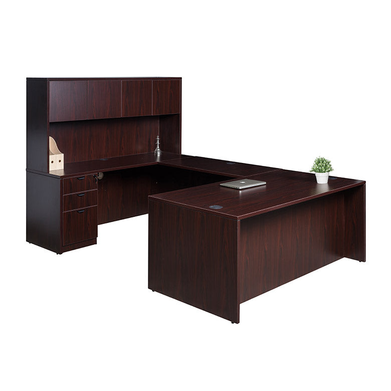 Boss 71 Inch Executive U-Shape Desk with File Storage Pedestal and Hutch, Mahogany