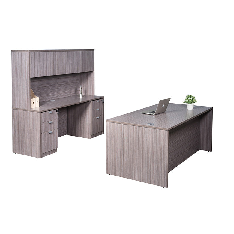 Boss 66 Inch Executive Office Suite with 2 File Storage Pedestals, Credenza and Hutch, Driftwood