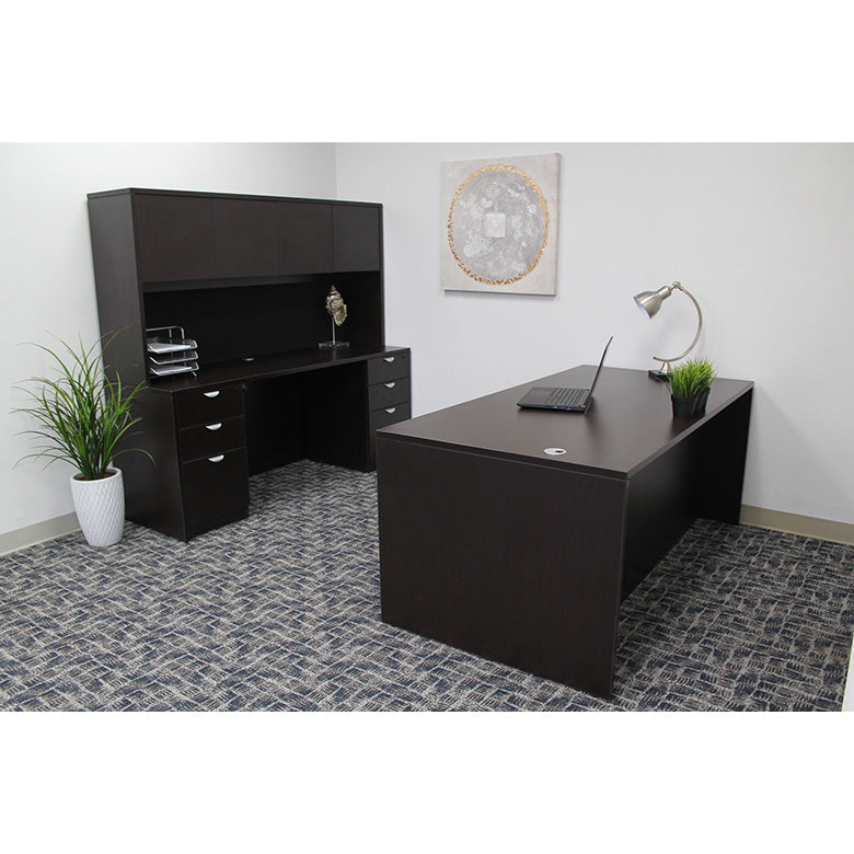 Boss 66 Inch Executive Office Suite with 2 File Storage Pedestals, Credenza and Hutch, Mocha