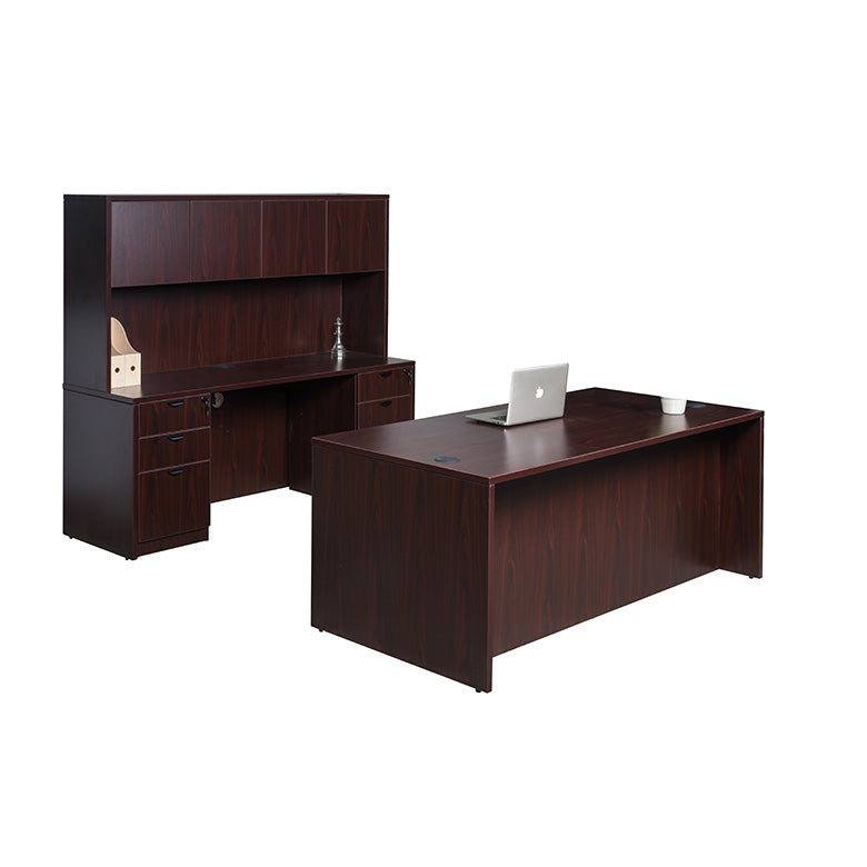 Boss 66 Inch Executive Office Suite with 2 File Storage Pedestals, Credenza and Hutch, Mahogany