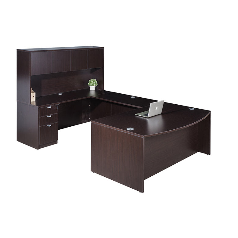 Boss 71 Inch Executive U-Shaped Curved Bow Desk with File Storage Pedestal and Hutch, Mocha