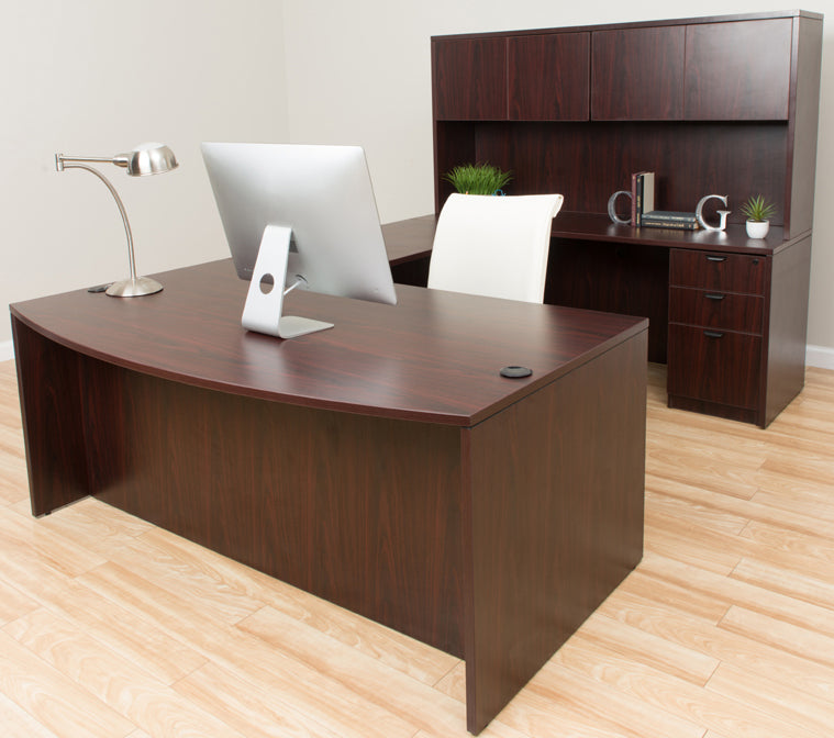 Boss 71 Inch Executive U-Shaped Curved Bow Desk with File Storage Pedestal and Hutch, Mahogany