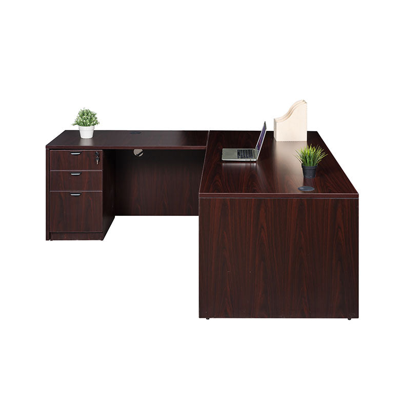 Boss  71 Inch Desk, Executive L-Shape Corner Desk with File Storage Pedestal, Mahogany