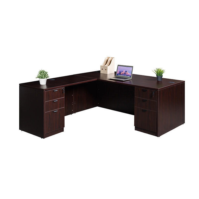 Boss  66 Inch Executive L-Shape Corner Desk with Dual File Storage Pedestals, Mahogany