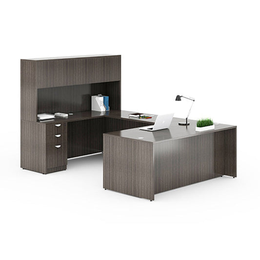 Boss  66 Inch Executive U-Shape Desk with File Storage Pedestal and Hutch, Driftwood