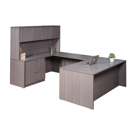 Boss 71 Inch Executive U-Shape Desk with Lateral File and Hutch, Driftwood