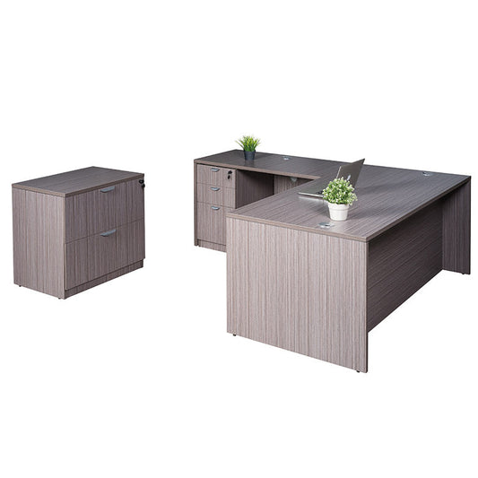 Boss 66 Inch Desk, Executive L-Shape Corner Desk with File Storage Pedestal and Lateral File, Driftwood