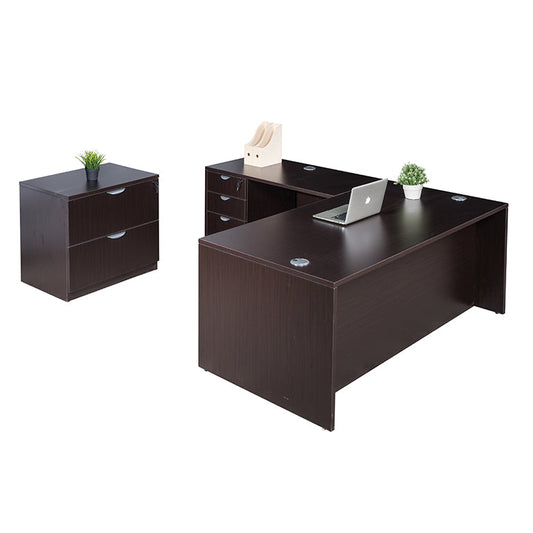 Boss 71 Inch Desk, Executive L-Shape Corner Desk with File Storage Pedestal and Lateral File, Mocha