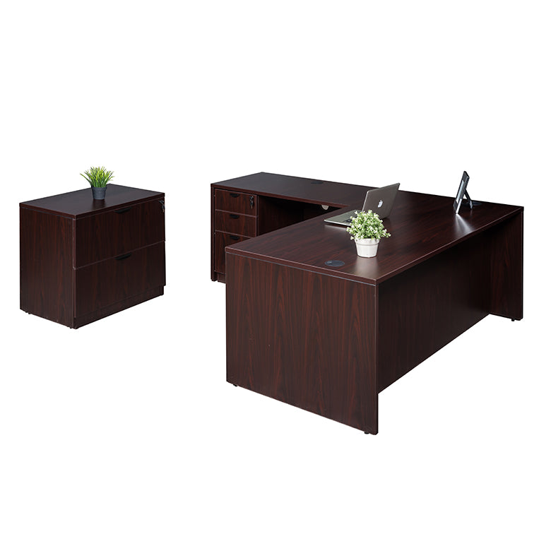 Boss 71 Inch Desk, Executive L-Shape Corner Desk with File Storage Pedestal and Lateral File, Mahogany