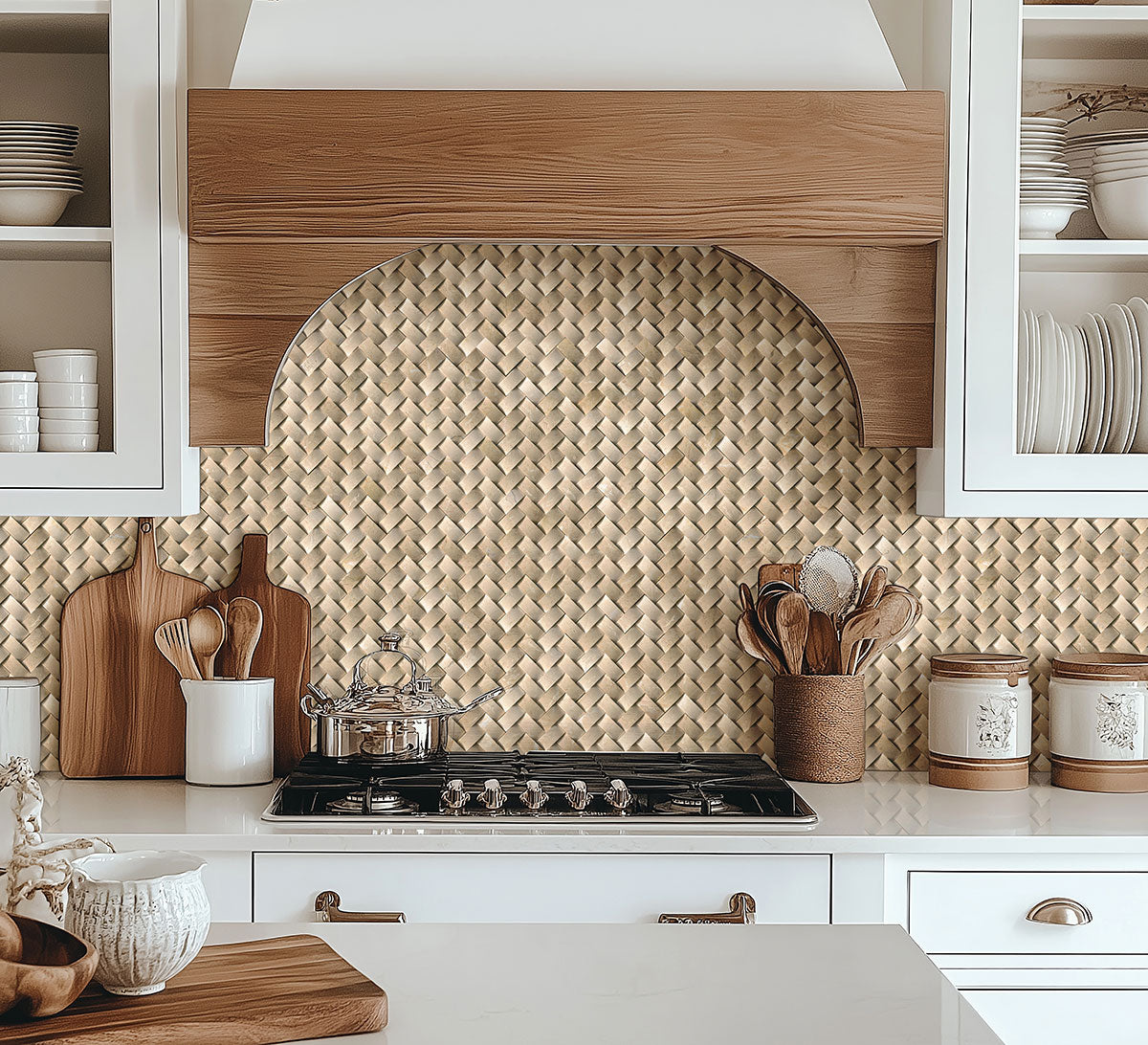 Crema Arched Herringbone Tile
