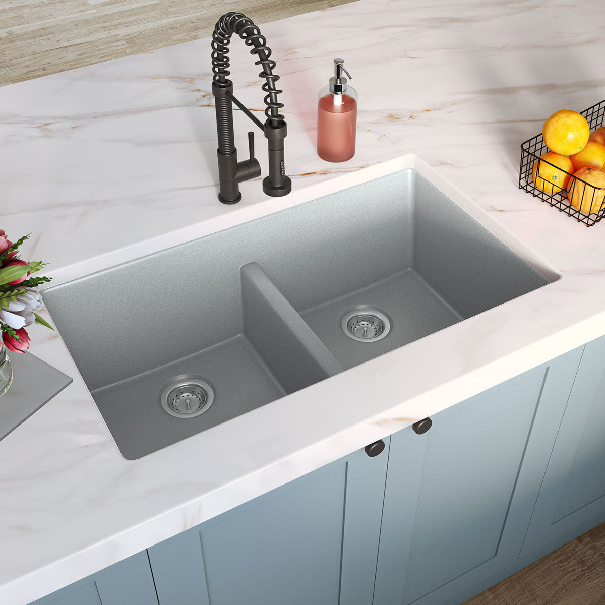 GRAY QUARTZ DOUBLE BOWL 50/50-3319