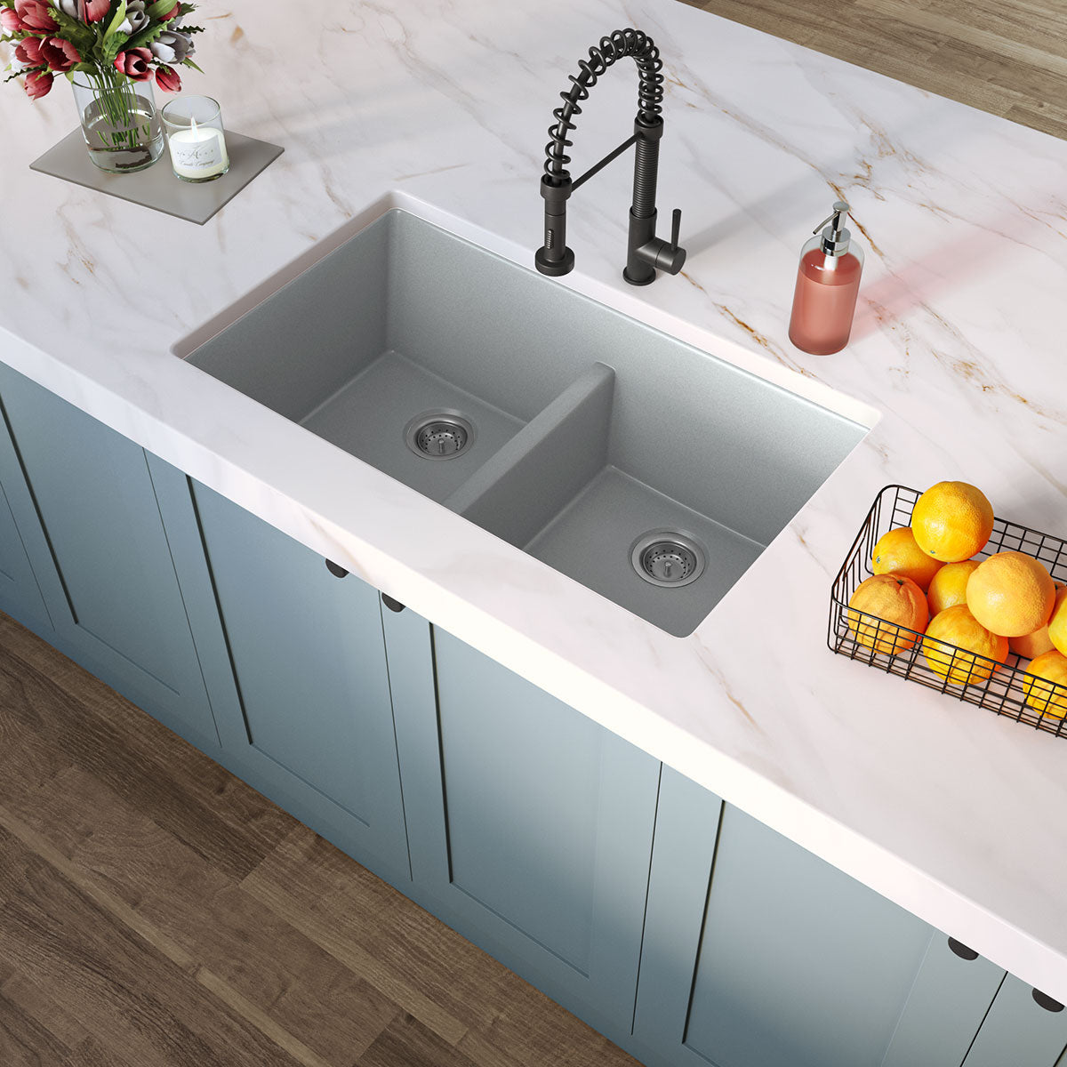 GRAY QUARTZ DOUBLE BOWL 50/50-3319